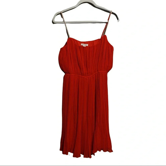 Boston Proper Red Pleated Gold detail Shoulder Strap Dress Size 6 - Picture 1 of 13